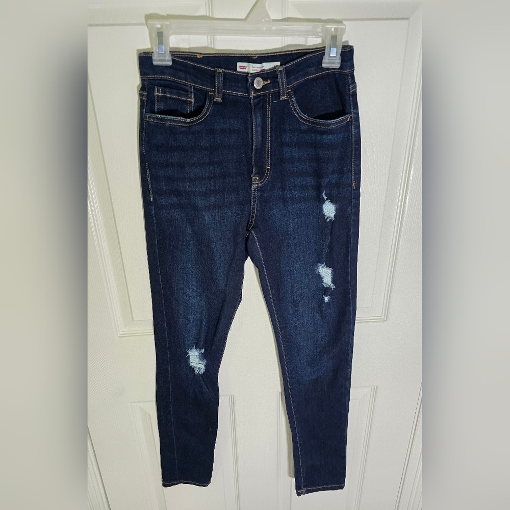 Levis High Rise Super Skinny Girls Distressed Denim Blue Jeans Size 16